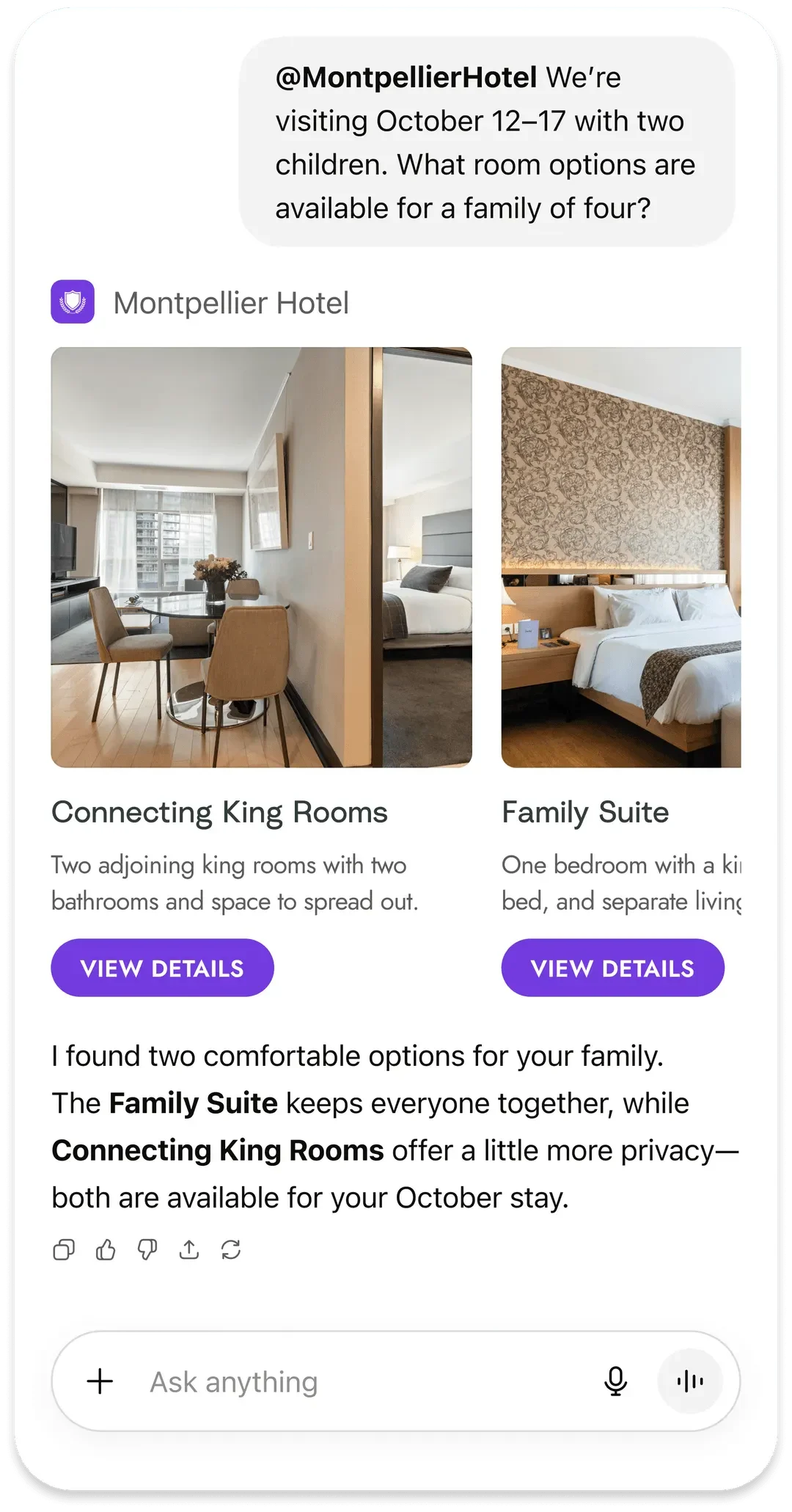 A hotel's branded app in ChatGPT showing room options for a family stay