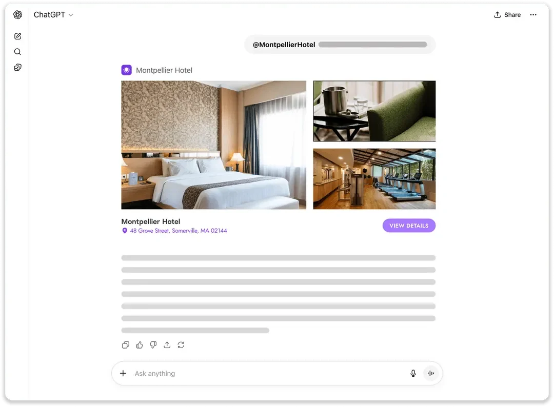 A hotel's branded app answering inside ChatGPT with photos and a booking link